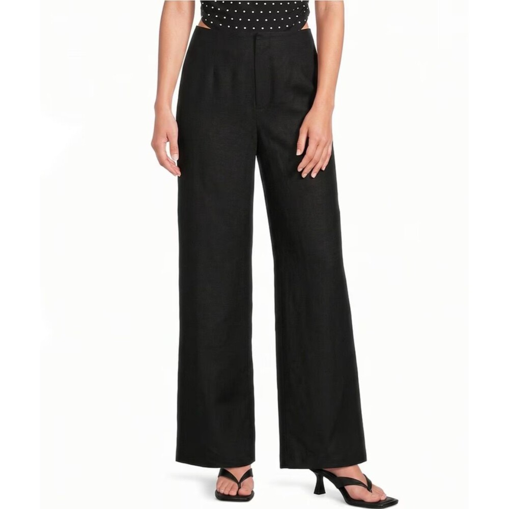 NWT Gianni Bini Lucie Linen Blend Wide Leg Pants Black Size 2 Trousers High Rise
